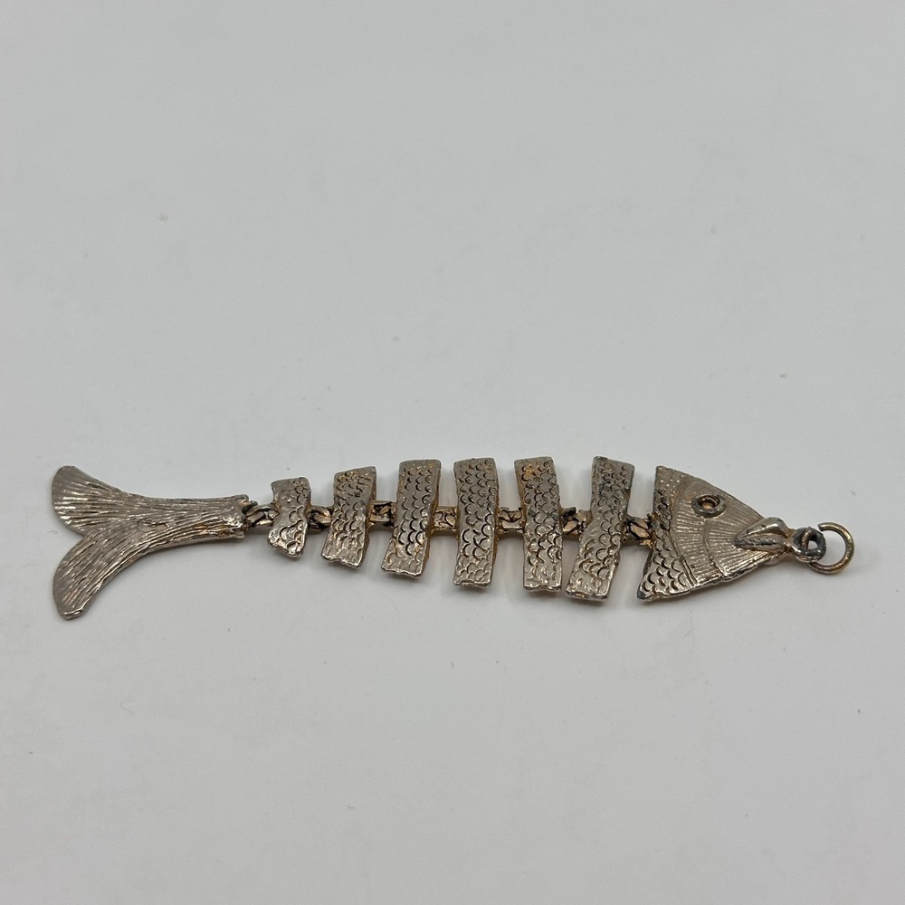 Articulated Fish Skeleton Pendant Silver Tone Nautical Statement Charm Vintage